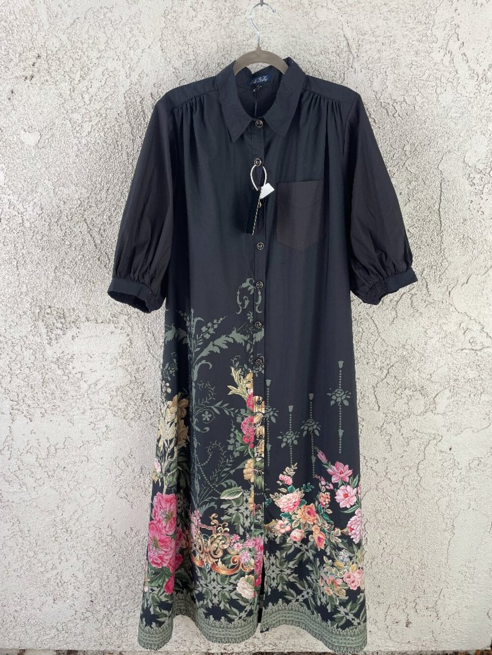 Trish Scully Clarisse NWT Large Button Front Maxi Shirtdress Black Floral Cotton